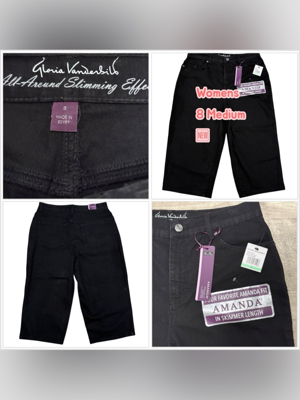 Gloria Vanderbilt Black Amanda Skimmer-Length Shorts Jeans Spandex Slimming NWT